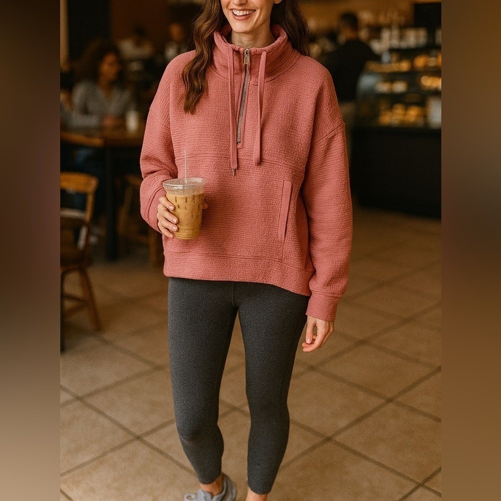 ebb & flow Pink Quarter Zip Textured Cowl Neck Sweatshirt
